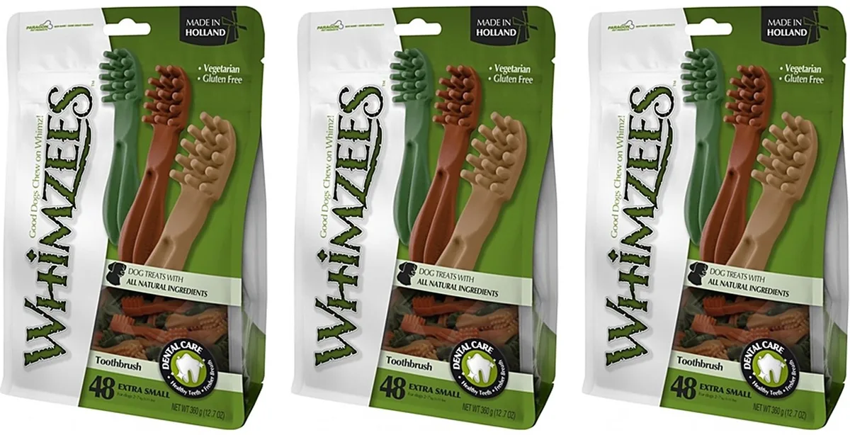 Tandenborstel - Vegetarische Kauwsnacks Small 8.5 cm - 3 verpakkingen van 24 stuks - Multipack van Whimzees – productfoto