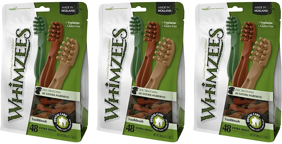 Tandenborstel XS - Vegetarische Kauwsnacks - 3 verpakkingen van 48 stuks - Multipack van Whimzees – productfoto