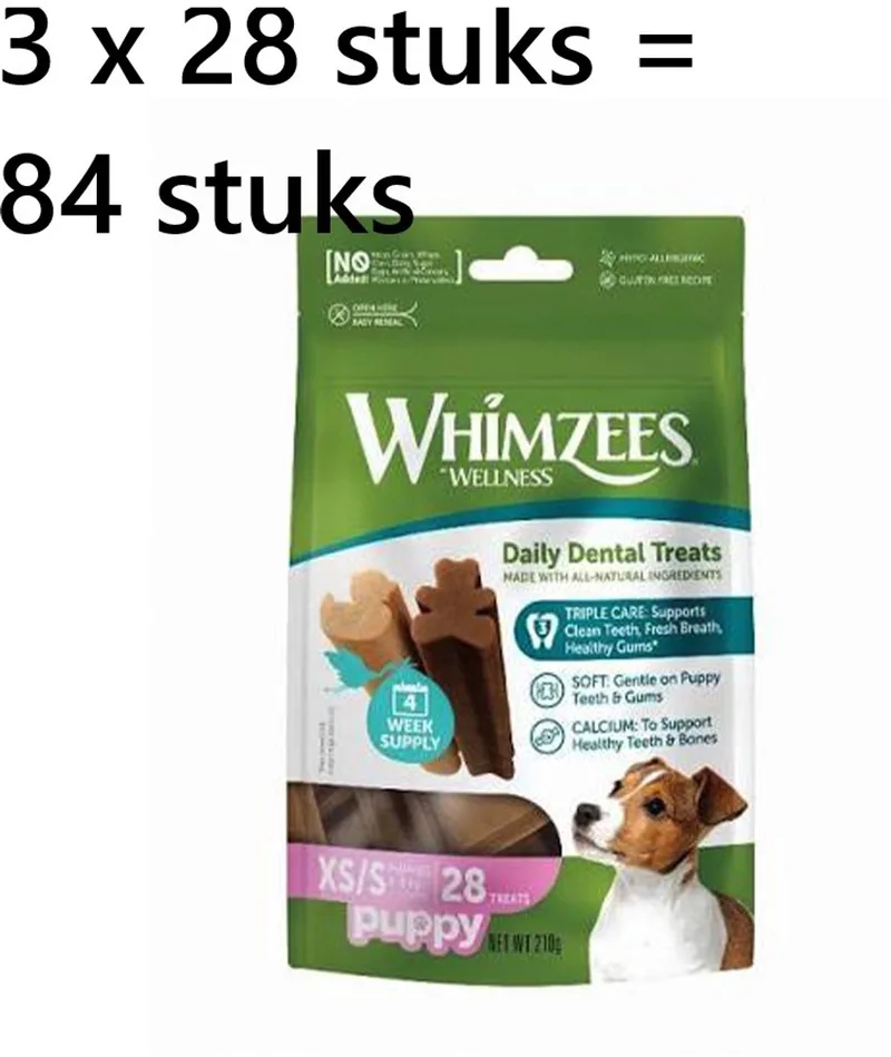 welness puppy snack - veggie - vegan - hypo-allergeen en glutenvrij - 28 stuks *** 3 X *** = 84 stuks - tandverzorgend voor de kleine tandjes en tandvlees - lekker en gezond - geen kunstmatige toevoegingen by Whimzees – product photo