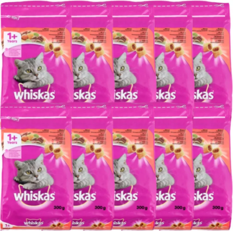 10x 300gr Whiskas droogvoer - 3kg - Rund - Onweerstaanbare gevulde brokjes - Voordeelverpakking - Kattenvoer - 1+ jaar - Volledig & Evenwichtig fra Whiskas – produktbillede