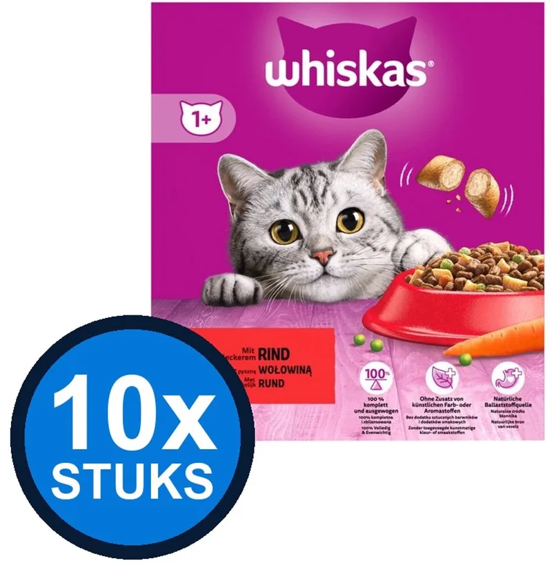 10x Whiskas - 1+ Adult Rund - Kattenvoer Droogvoer - 800 g de Whiskas – photo produit