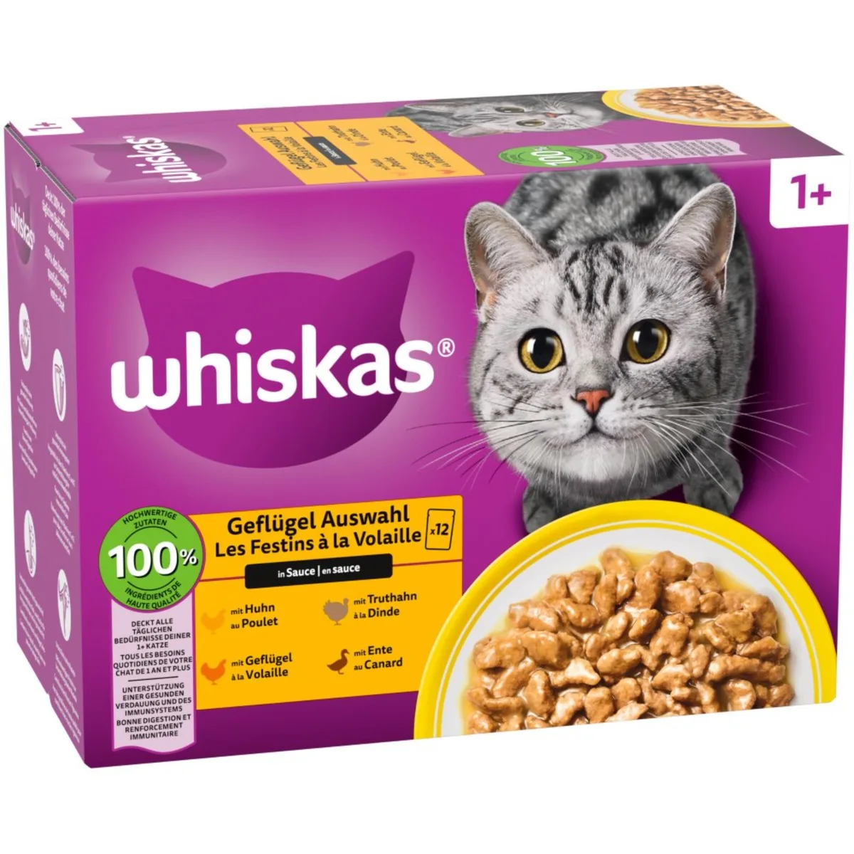 12x85g 1+ Adult Gevogelte-selectie in Saus Whiskas Kattenvoer Maaltijdzakjes by Whiskas – product photo