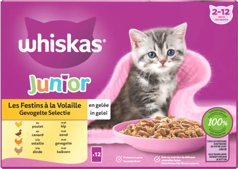 1x Whiskas - 2-12M Junior Gevogelte Selectie in Gelei Multipack - Kattenvoer Natvoer - 12x85g by Whiskas – product photo