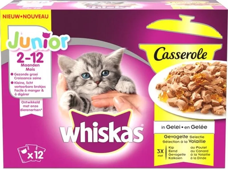 1x Whiskas - 2-12M Junior Gevogelte Selectie in Gelei Multipack - Kattenvoer Natvoer - 12x85g de Whiskas – photo produit