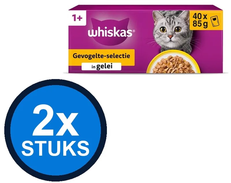 2x Whiskas - 1+ Adult Gevogelte Selectie in Gelei Multipack - Kattenvoer Natvoer - 40x85g fra Whiskas – produktbillede