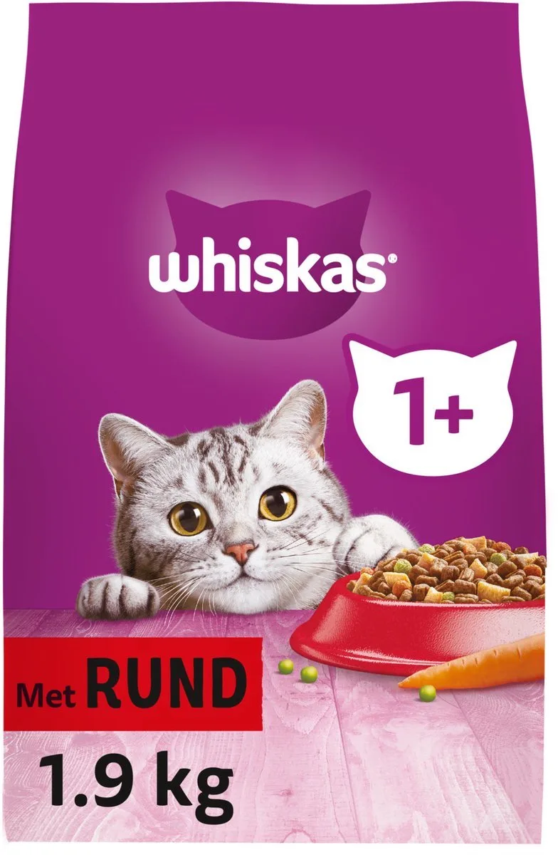 2x Whiskas 1+ Adult Katten Droogvoer Rund - 1,9 kg fra Whiskas – produktbillede