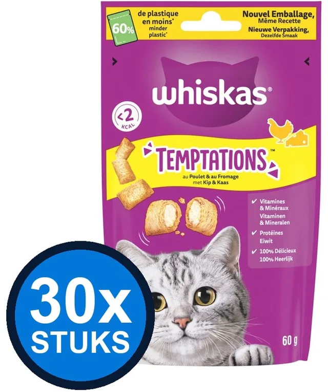 30x Whiskas - Temptations Kip & Kaas - Kattensnacks - 60 g