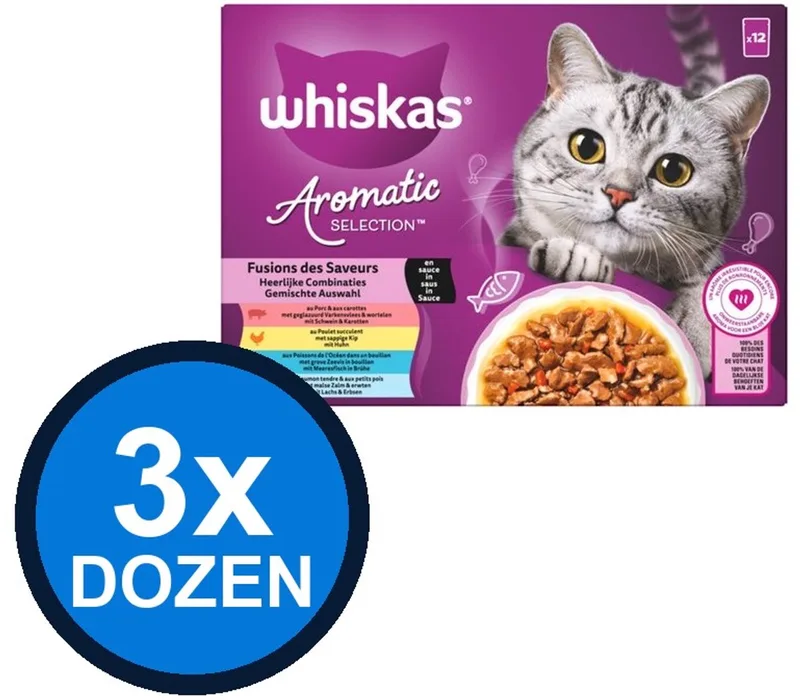3x Whiskas - 1+ Adult Aromatic Selection Fusions Selectie Multipack - Kattenvoer Natvoer - 12x85g de Whiskas – photo produit