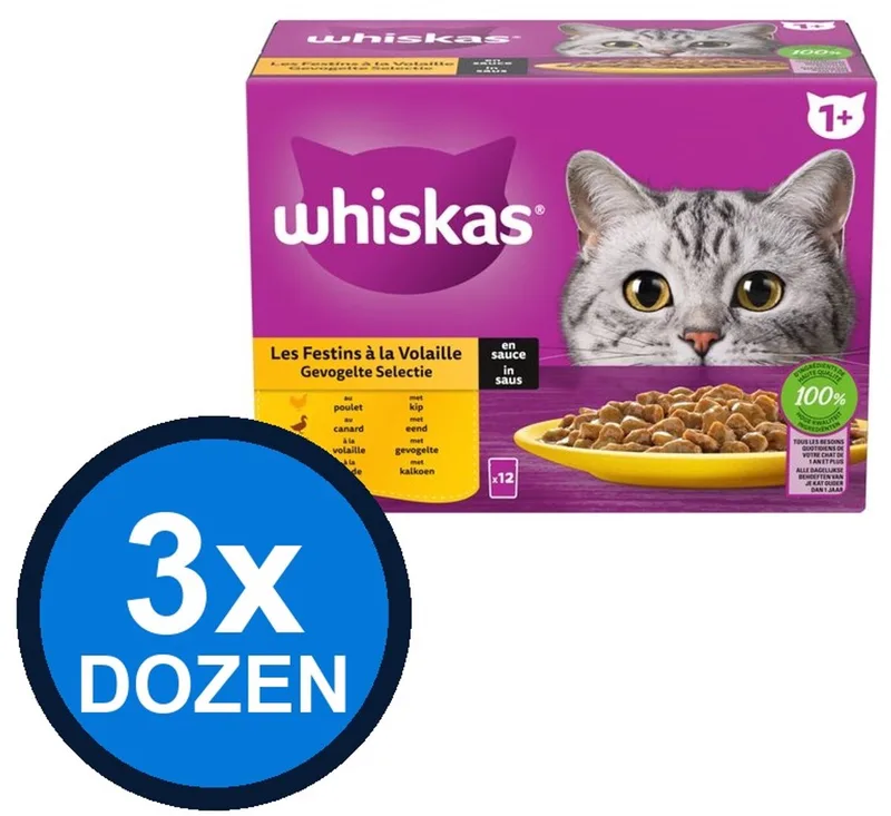 3x Whiskas - 1+ Adult Gevogelte Selectie in Saus Multipack - Kattenvoer Natvoer - 12x85g by Whiskas – product photo