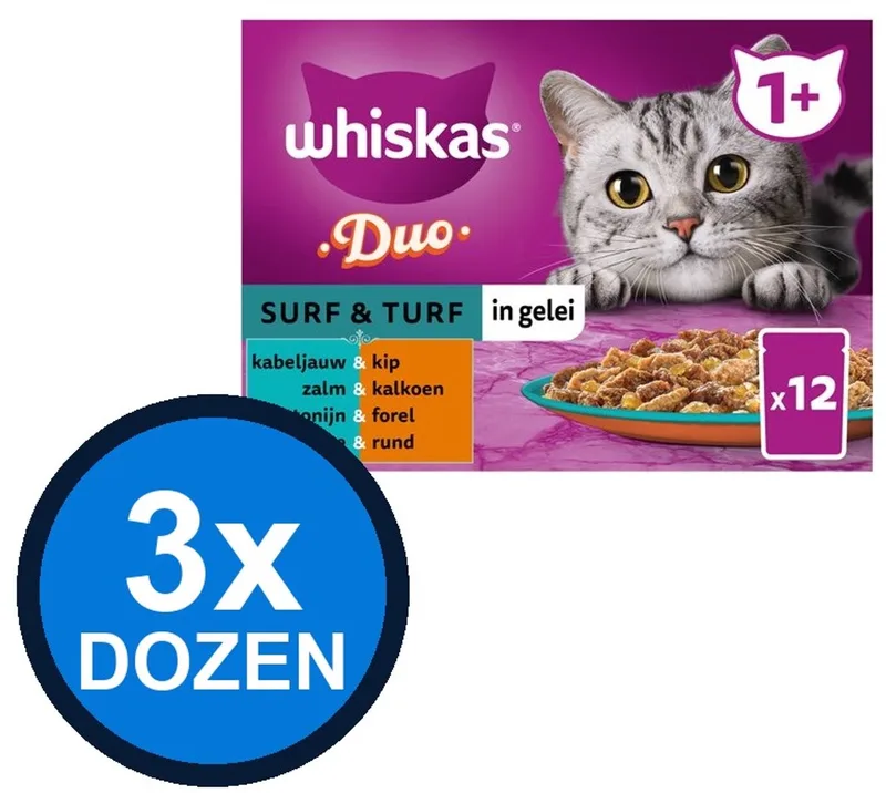 3x Whiskas - 1+ Adult Surf & Turf Selectie Duo in Gelei Multipack - Kattenvoer Natvoer - 12x85g de Whiskas – photo produit
