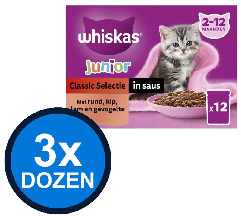 3x Whiskas - 2-12M Junior Classic Selectie in Saus Multipack - Kattenvoer Natvoer - 12x85g by Whiskas – product photo