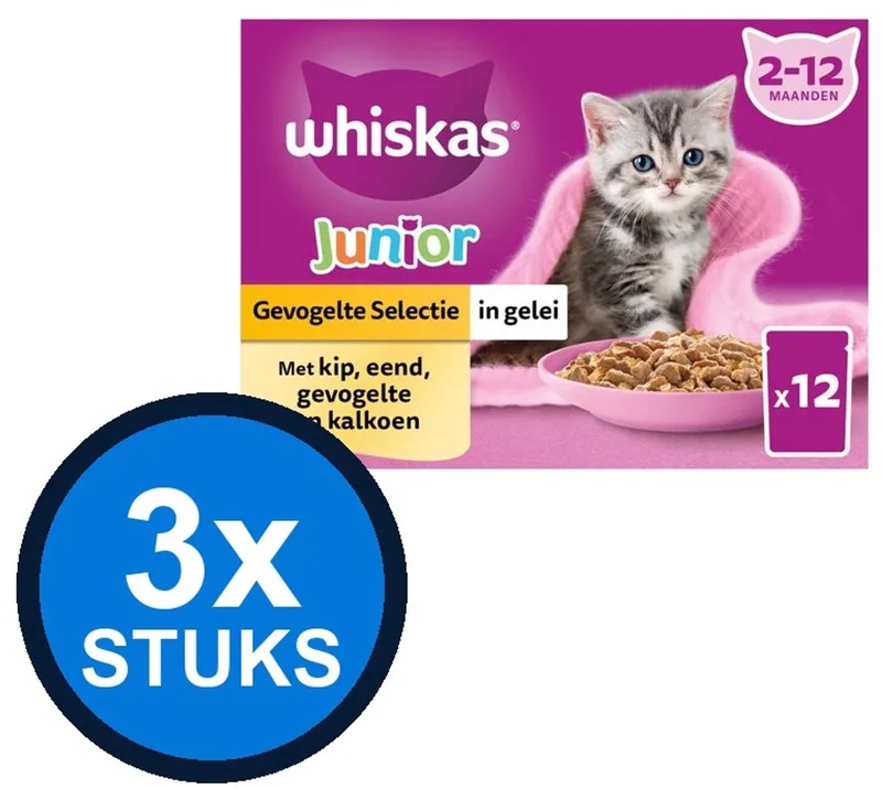 3x Whiskas - 2-12M Junior Gevogelte Selectie in Gelei Multipack - Kattenvoer Natvoer - 12x85g by Whiskas – product photo