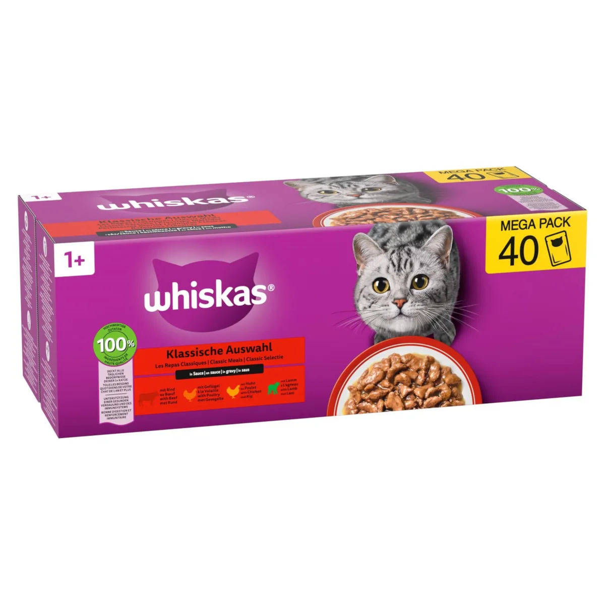40x85g Whiskas 1+ Adult Vershoudzakjes Klassieke Selectie in Saus (4 soorten) nat kattenvoer van Whiskas – productfoto