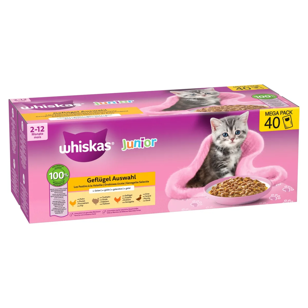 40x85g Whiskas Junior Vershoudzakjes Gevogelte in Gelei (4 Soorten) nat kattenvoer van Whiskas – productfoto