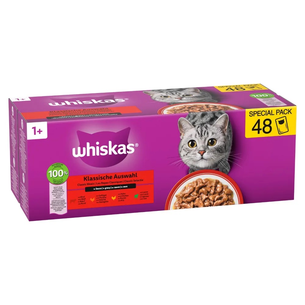 48 x 85 g 1+ Adult Maaltijdzakjes Klassieke selectie in saus: Rund, Lam, Gevogelte + Kip Whiskas Kattenvoer by Whiskas – product photo