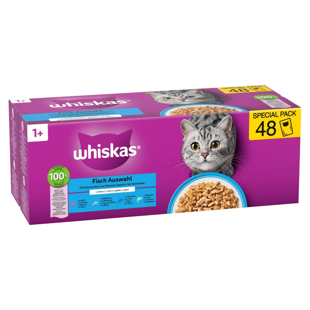 48 x 85 g Visselectie in gelei: Zalm, Tonijn, Kabeljauw, Witvis Whiskas +1 kattenvoer by Whiskas – product photo