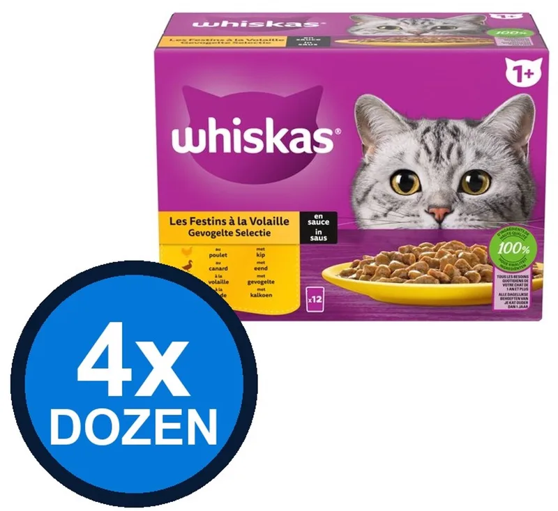 4x Whiskas - 1+ Adult Gevogelte Selectie in Saus Multipack - Kattenvoer Natvoer - 12x85g de Whiskas – photo produit
