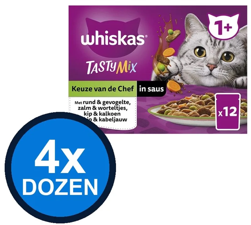 4x Whiskas - 1+ Adult Selectie van de Chef in Saus Multipack - Kattenvoer Natvoer - 12x85g de Whiskas – photo produit
