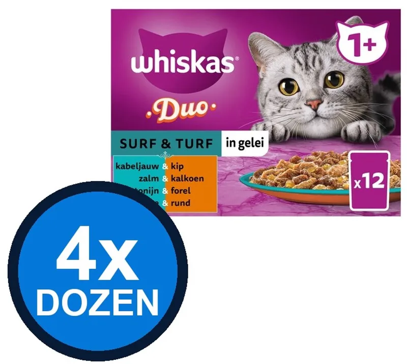 4x Whiskas - 1+ Adult Surf & Turf Selectie Duo in Gelei Multipack - Kattenvoer Natvoer - 12x85g von Whiskas – Produktfoto