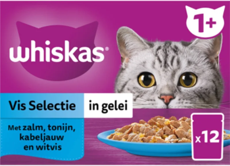 4x Whiskas 1+ - Kattenvoer natvoer - Vis - Selectie in gelei - maaltijdzakjes 12 x 85 g de Whiskas – photo produit