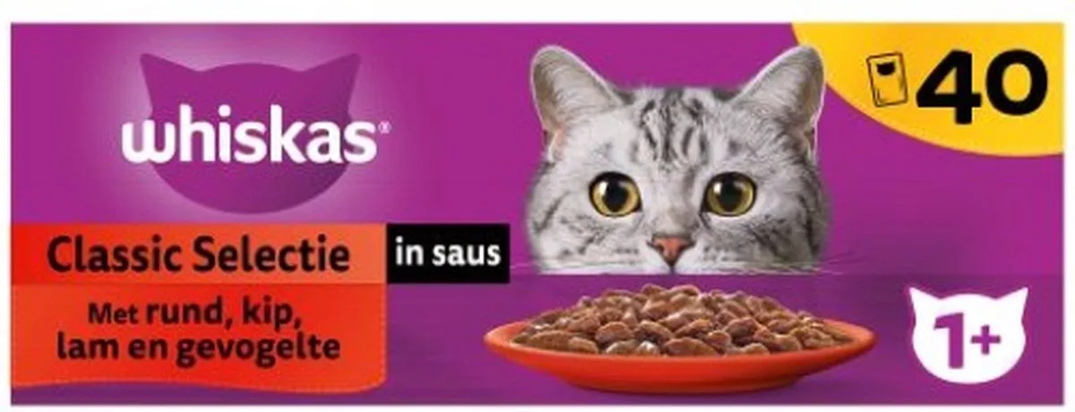 4x Whiskas 1+ Natvoer - Classic - Selectie in saus - maaltijdzakjes 40 x 85 g van Whiskas – productfoto
