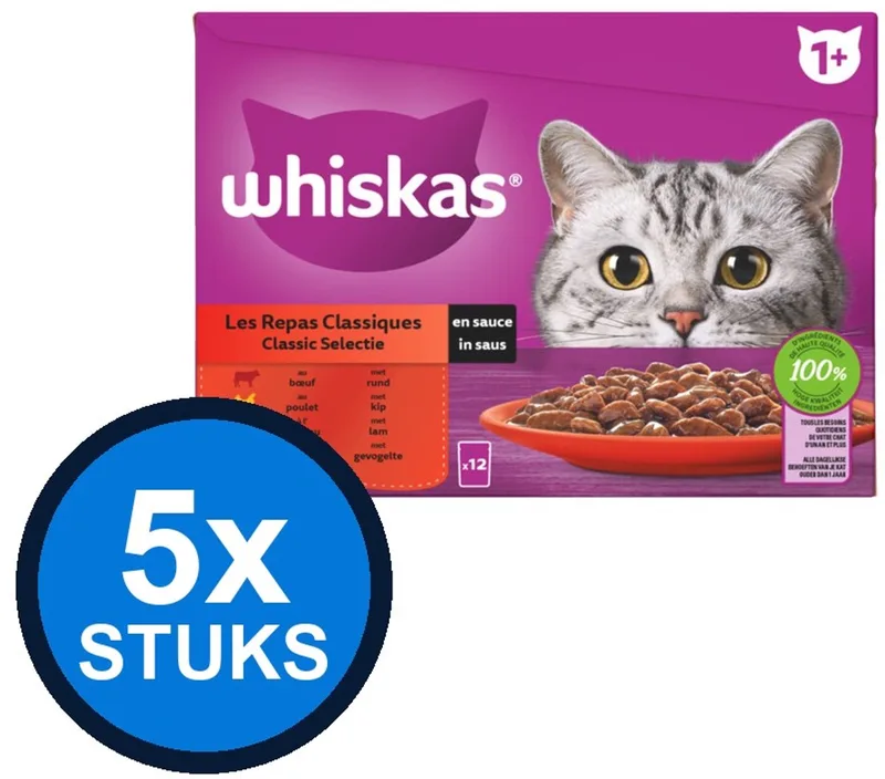 5x Whiskas - 1+ Adult Classic Selectie in Saus Multipack - Kattenvoer Natvoer - 12x85g de Whiskas – photo produit