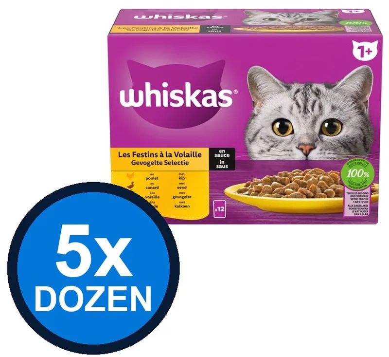 5x Whiskas - 1+ Adult Gevogelte Selectie in Saus Multipack - Kattenvoer Natvoer - 12x85g by Whiskas – product photo