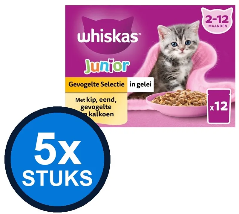 5x Whiskas - 2-12M Junior Gevogelte Selectie in Gelei Multipack - Kattenvoer Natvoer - 12x85g by Whiskas – product photo