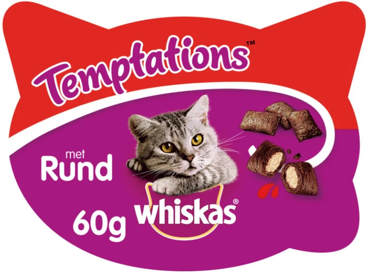 6x Whiskas Temptations Rundsvlees - 6x 60gr - Krokant vanbuiten - Zacht vanbinnen - Nieuwe verpakking van Whiskas – productfoto