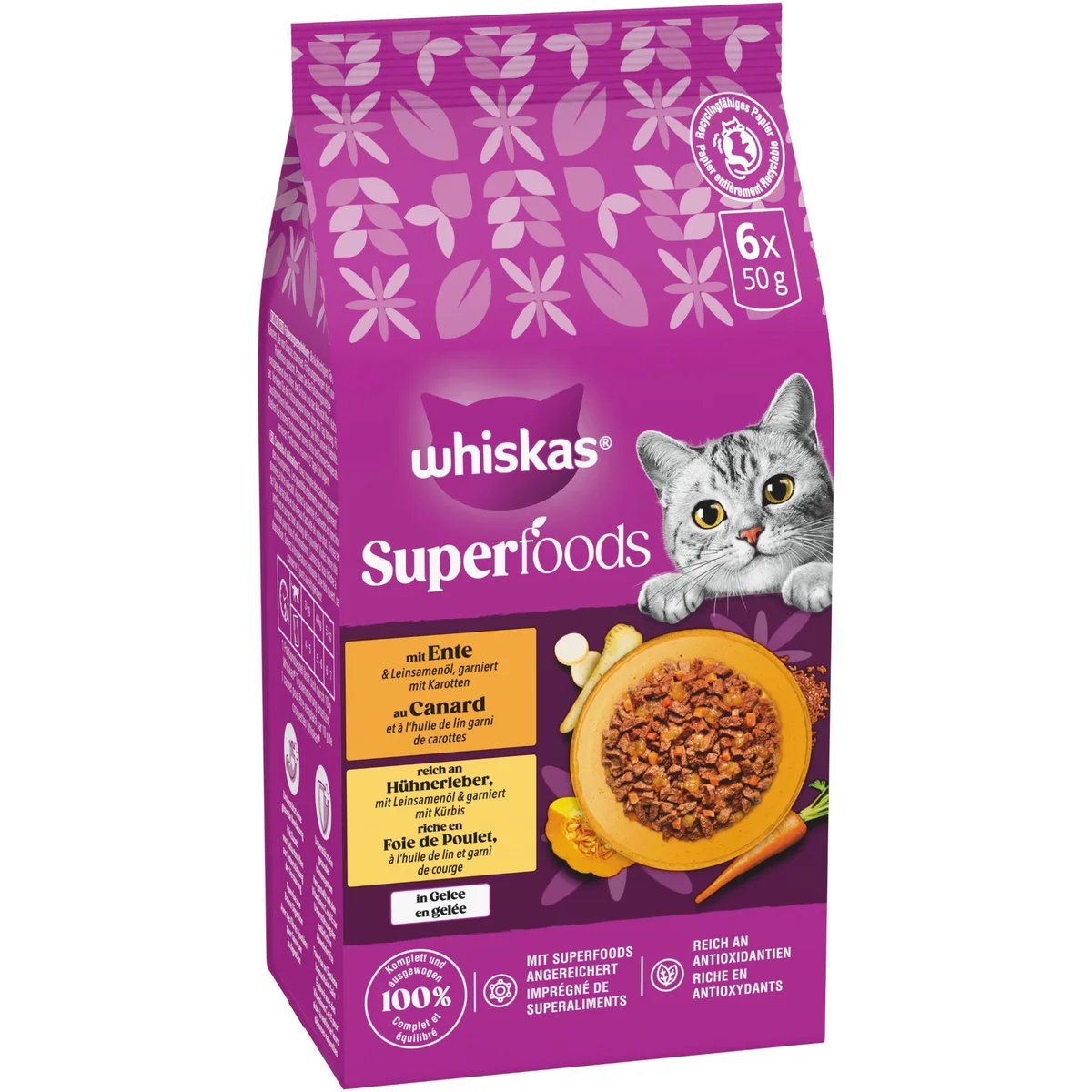 6x30g Eend, kippenlever Whiskas 1+ Superfoods Gemengde Selectie in Gelei Natvoer voor Katten by Whiskas – product photo