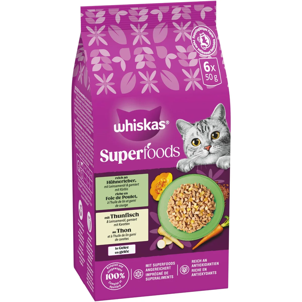 6x30g Kiplever & tonijn Whiskas 1+ Superfoods Gemengde Selectie in Gelei Natvoer voor Katten by Whiskas – product photo