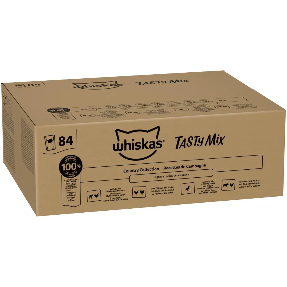 84x85g Whiskas 1+ Adult Zakjes Country-collectie in Saus Natvoer voor katten van Whiskas – productfoto