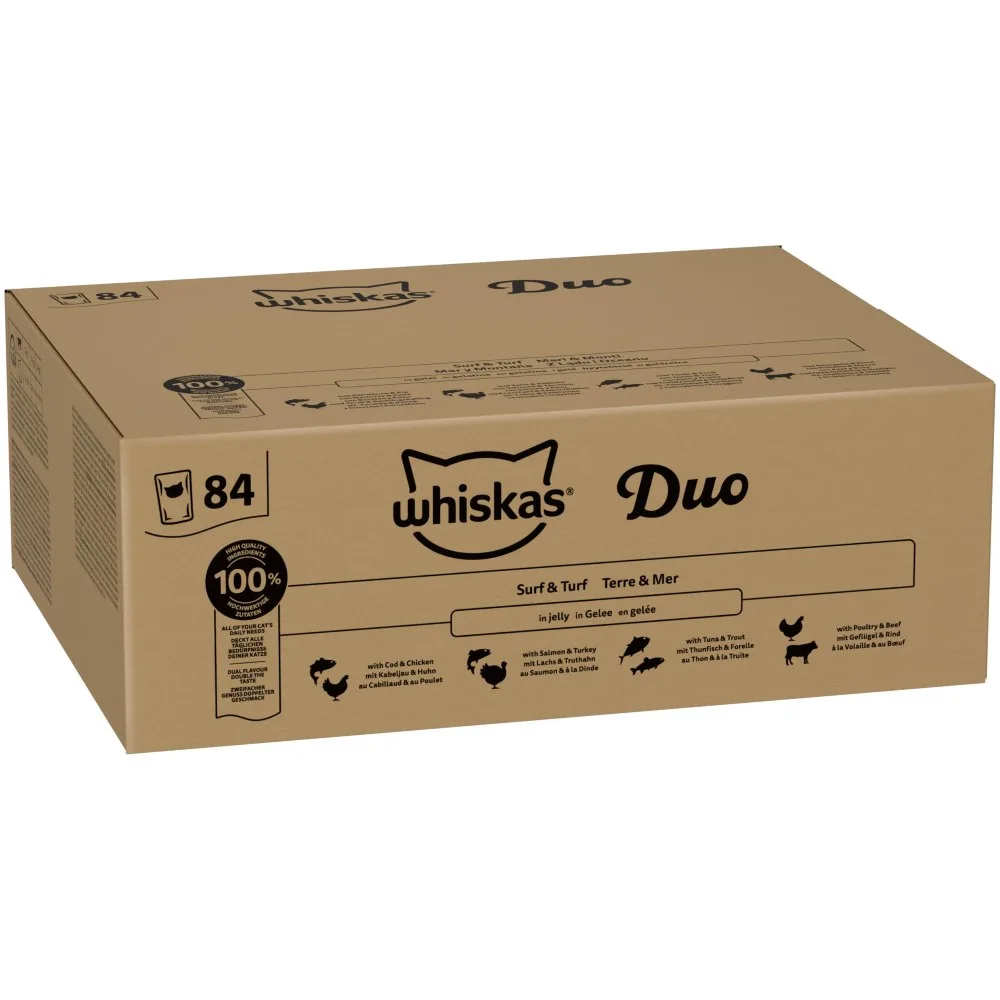 84x85g Whiskas 1+ adult zakjes Surf and Turf duo in gelei natvoer voor katten van Whiskas – productfoto