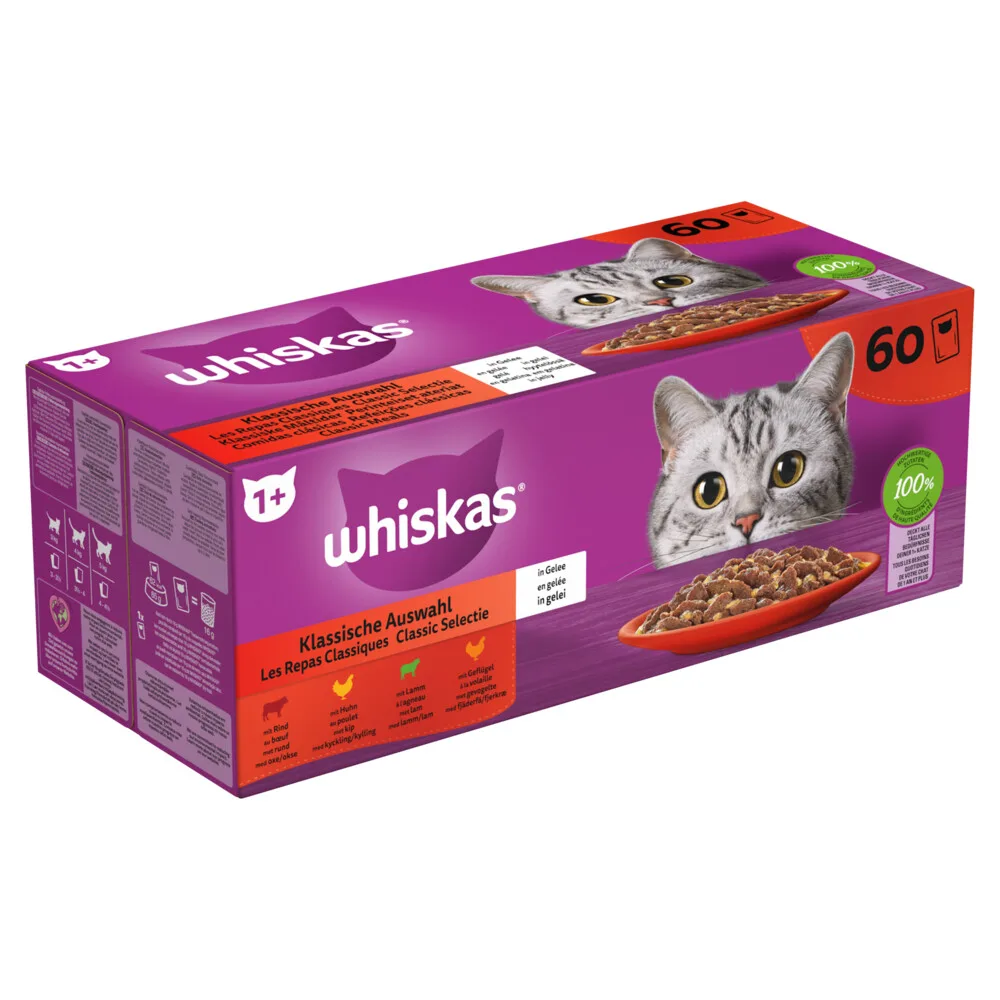 Adult 1+ Classic Kattenvoer Nat Maaltijdzakjes Multipack Selectie in Gelei 60x85 gr by Whiskas – product photo