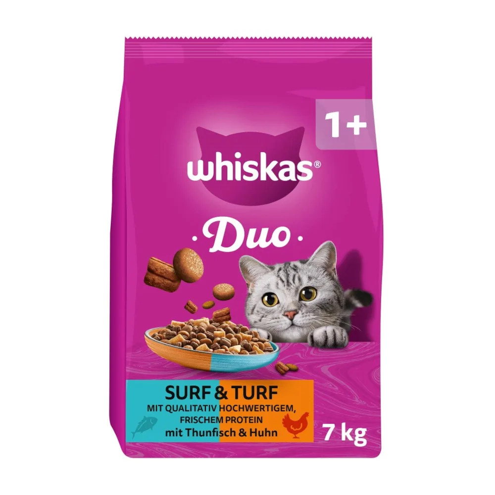 Dubbelpak: 2x 7kg Whiskas 1+ Duo Surf & Turf Tonijn & Kip droogvoer voor katten van Whiskas – productfoto