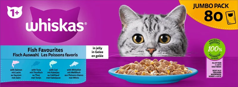 Katten Natvoer Vis Selectie in Gelei, Adult 1+ Multipack (80x85 g), 6.8 kg de Whiskas – photo produit