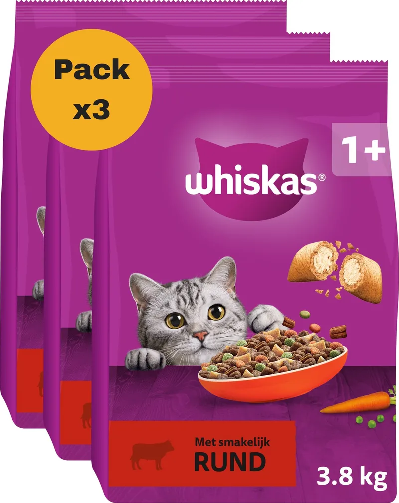 Kattenbrokken - Adult 1+ Rund - zak 3x3.8kg de Whiskas – photo produit