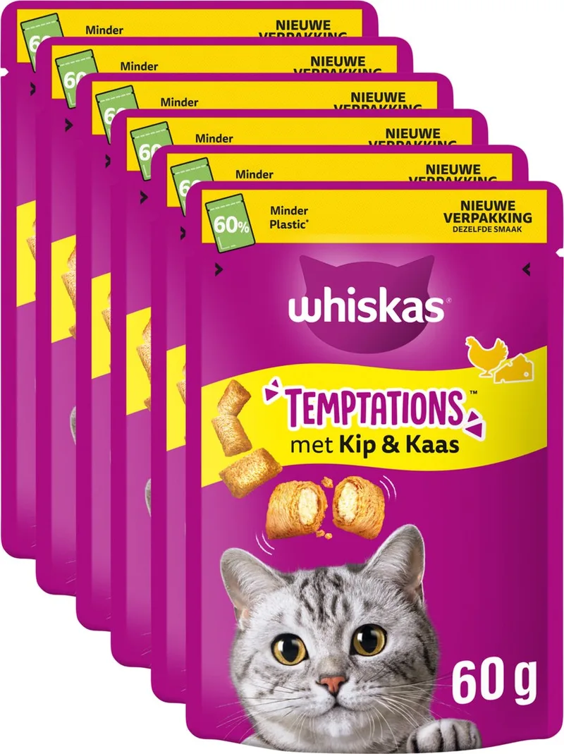 Kattensnacks - Temptations Snoepjes - Kip en Kaas - 6x60g von Whiskas – Produktfoto