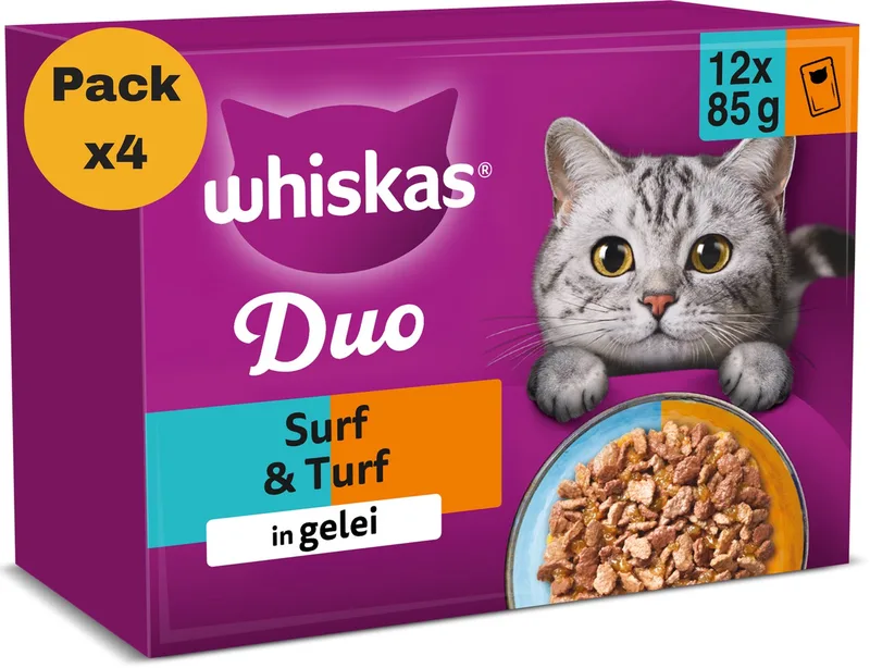 Kattenvoer - Adult 1+ - Duo Surf & Turf in Gelei - 4x12x85g de Whiskas – photo produit