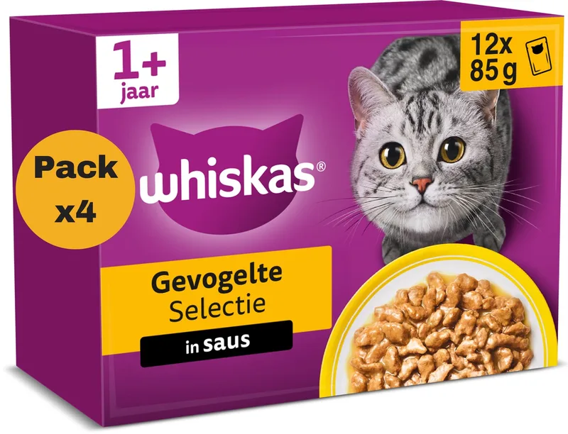 Kattenvoer - Adult 1+ - Gevogelte Selectie in Saus - 4x12x85g von Whiskas – Produktfoto
