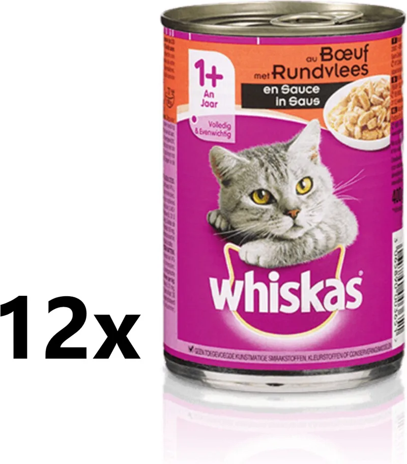 Kattenvoer - Blik - Adult - Brokjes in Saus - Rund - 12x400g by Whiskas – product photo