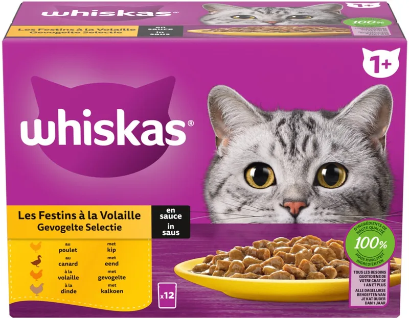 Kattenvoer Nat Pouch 1+ Adult Saus Gevogelte Selectie - 12 x 85 gr von Whiskas – Produktfoto