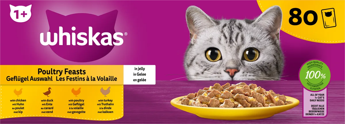 Megapack 80x85g Geflügel Auswahl in Gelee 1+ - 6.800 g von Whiskas – Produktfoto
