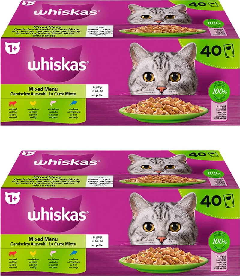 Mixed Menu VALUE PACK nat kattenvoer in gelei - rund, kip, zalm & tonijn - (40 x 85g) x 2 by Whiskas – product photo