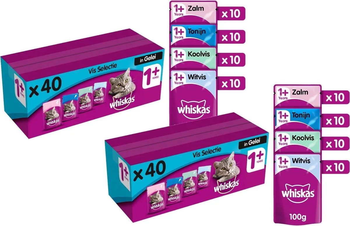 Multipack 1+ Vis Selectie In Gelei - Kattennatvoer - 2 x ( 40 x 100 g) de Whiskas – photo produit