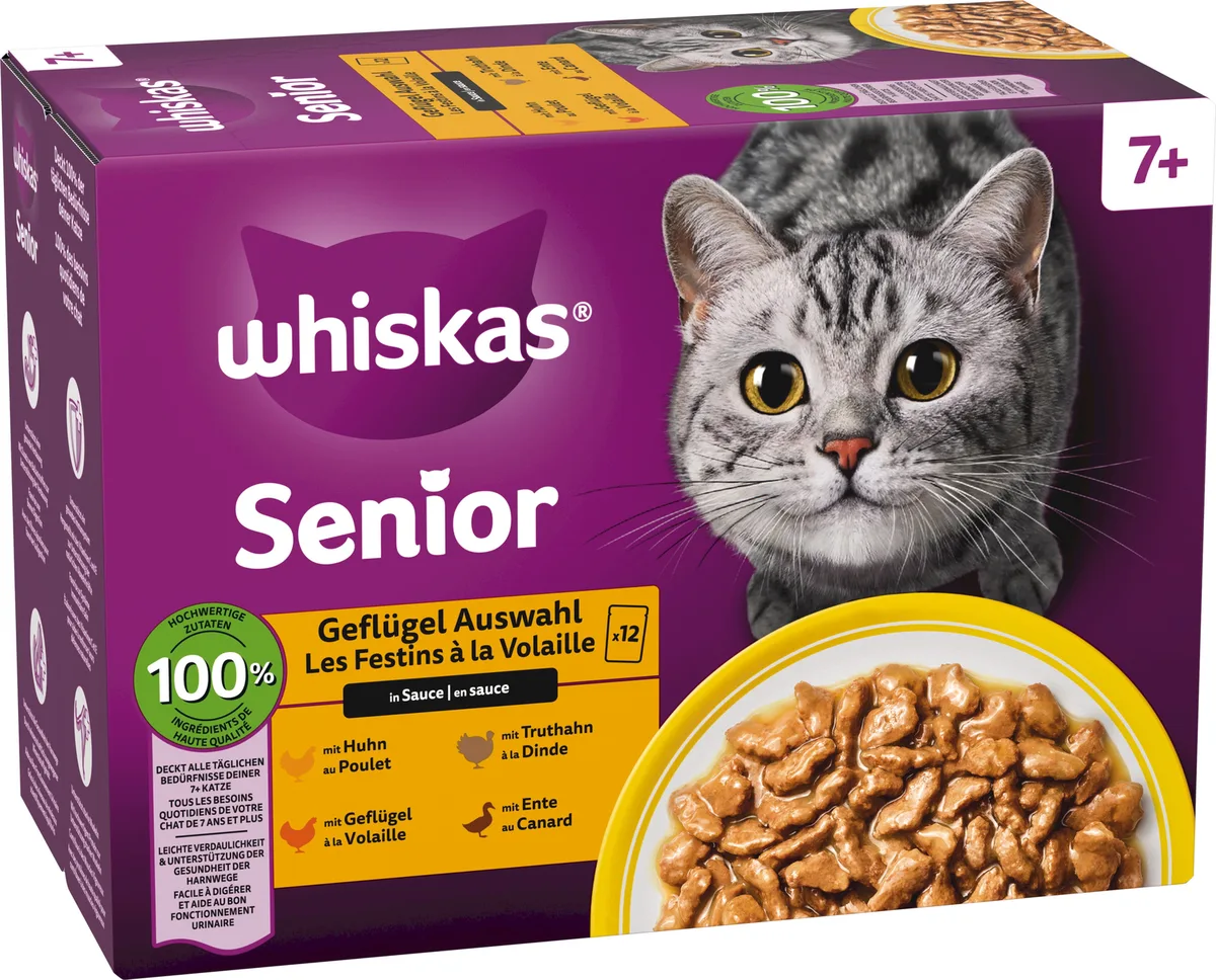 Multipack 12x85g Geflügel Auswahl in Sauce 7+ - 1.020 g von Whiskas – Produktfoto