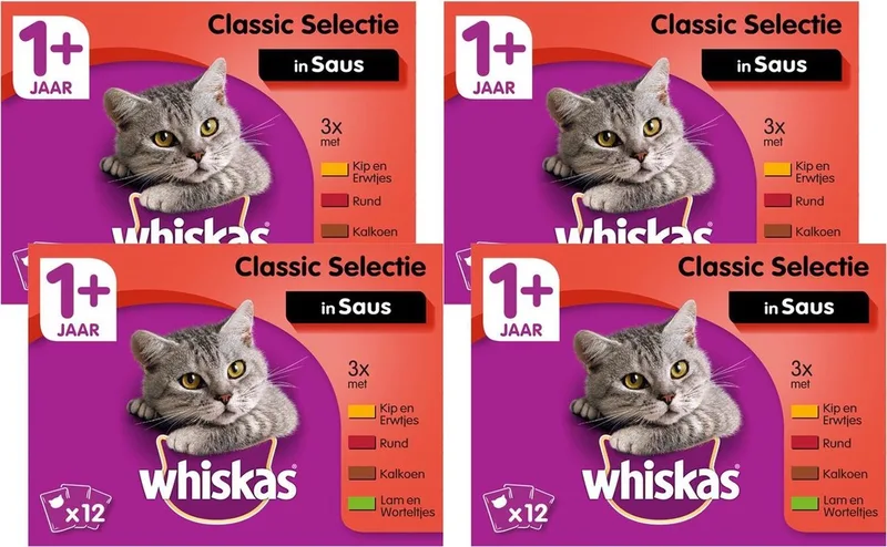 Multipack Pouch Adult 12x100 g - Kattenvoer - 4 x Vlees&Groente&Saus fra Whiskas – produktbillede