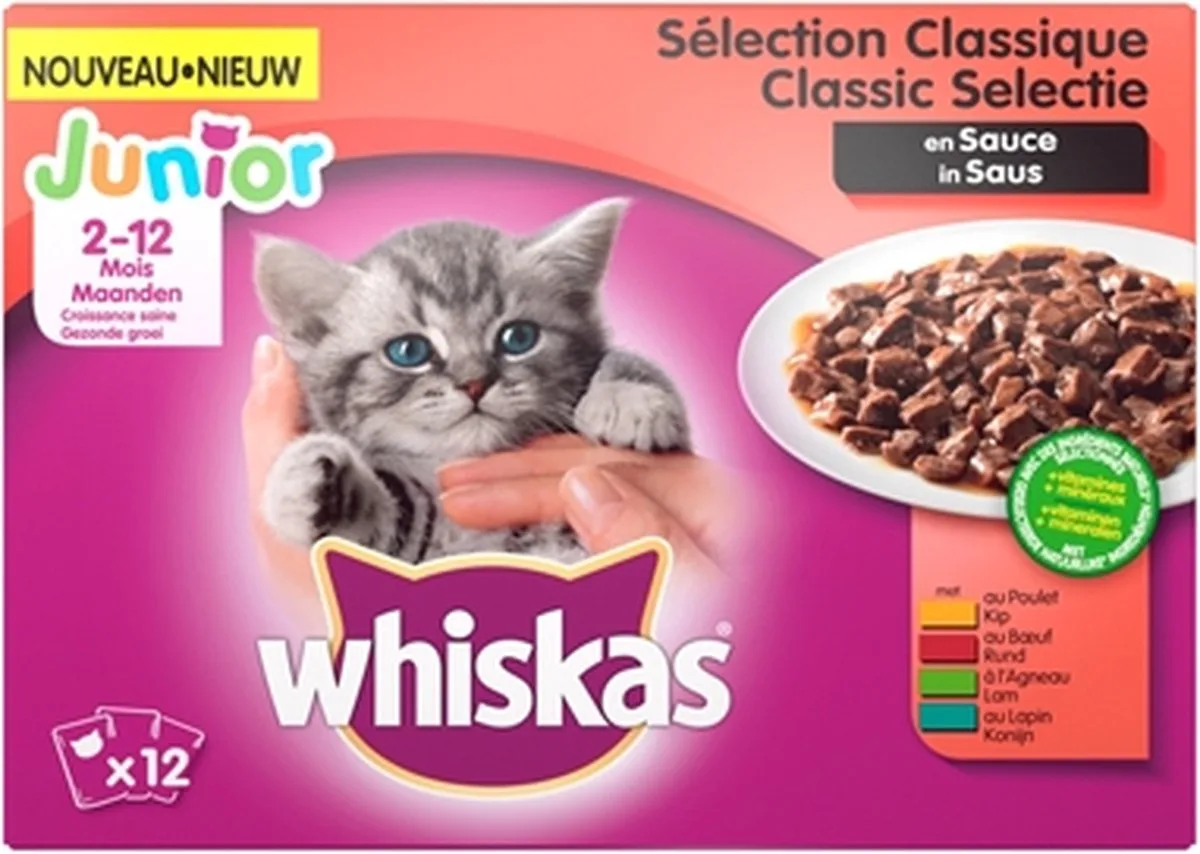 multipack pouch junior classic selectie vlees in saus - 12x100 gr - 4 stuks van Whiskas – productfoto