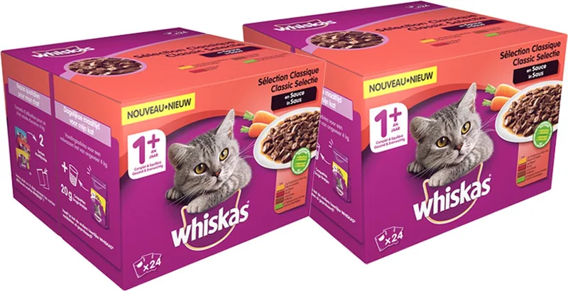 natte kattenvoeding - katten 1+ jaar oud - vlees en groenten in saus - (24x100g) x 2 by Whiskas – product photo