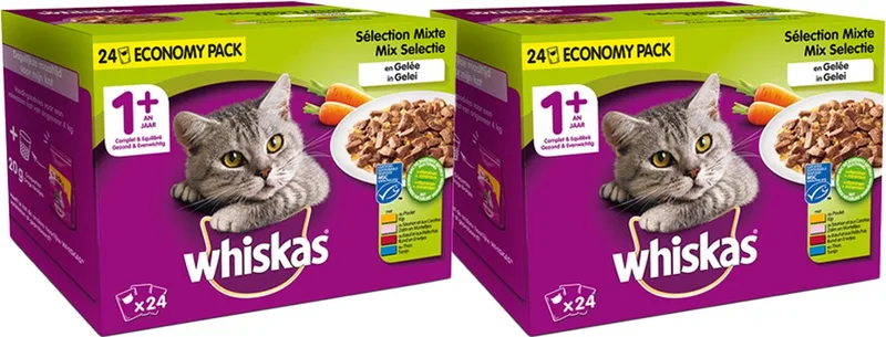 natte kattenvoeding - katten +1 jaar oud - vlees & vis in gelei - (24 x 100g) x 2 by Whiskas – product photo